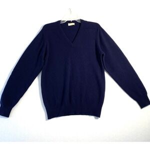Vintage 100% Pure Cashmere V-Neck Sweater Navy Blue Made in Scotland Mens Sz M/L